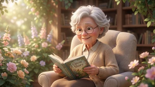 تصویرسازی سهبعدی از یک مادربزرگ مهربان با موهای سفید و عینک که روی مبل راحتی در یک باغ-کتابخانه آفتابی نشسته و با لبخند در حال خواندن کتاب داستانی با عنوان "Grow Story" است