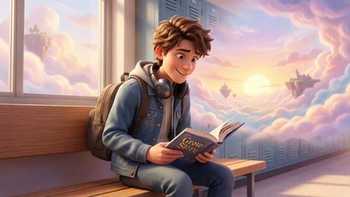 تصویرسازی سهبعدی از نوجوان پسر که با لبخند روی نیمکت راهروی مدرسه نشسته و در حال مطالعه کتاب داستان با عنوان "Grow Story" است؛ پسزمینه ترکیبی از کمدهای مدرسه و آسمان فانتزی غروب است.