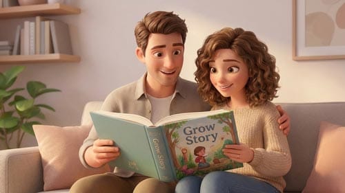 تصویرسازی سهبعدی از یک زوج جوان که با لبخند روی مبل نشستهاند و در حال خواندن کتاب داستانی با عنوان "Grow Story" هستند.